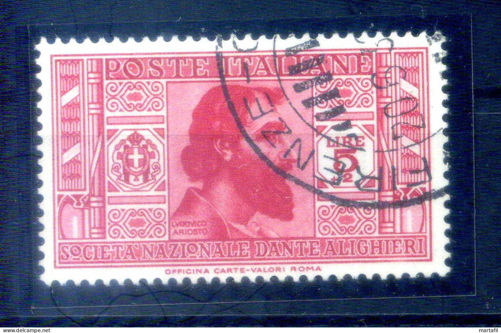 1932 REGNO Italia N.313 USATO Pro Società Dante Alighieri, 5 Lire + 2 Lire Carminio - Afgestempeld