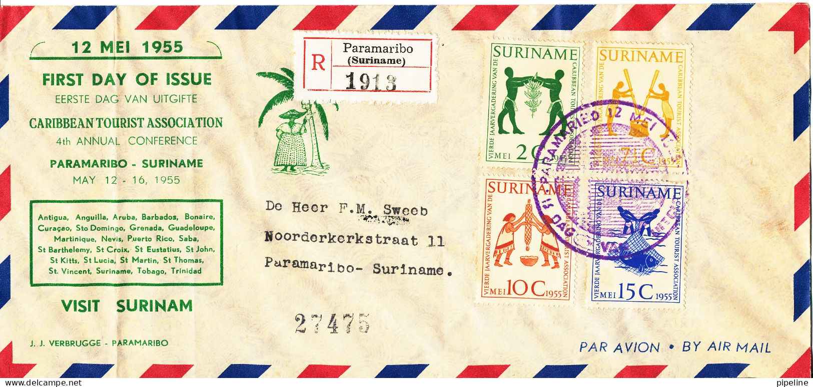 Suriname Registered FDC Air Mail Cover 12-5-1955 Complete Set Of 4 Caribbean Tourist Association With Cachet (the Cover - Suriname ... - 1975