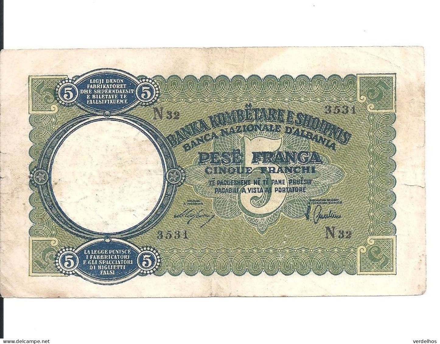 ALBANIE 5 FRANGA ND1939 VF P 6 - Albanien