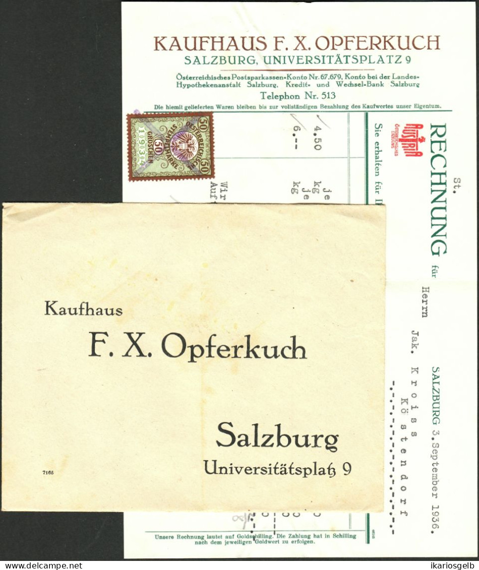 Österreich SALZBURG 1936 Deko Rechnung + Fiskalmarke + VersandUmschlag Fa Kaufhaus F.X.Opferkuch Universitätsplatz 9 - Oostenrijk