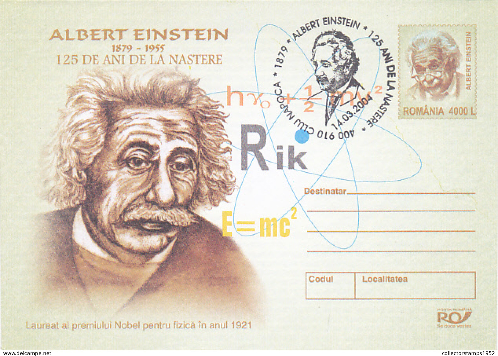 ALBERT EINSTEIN, SCIENTIST, FAMOUS PEOPLE, COVER STATIONERY, 2004, ROMANIA - Albert Einstein