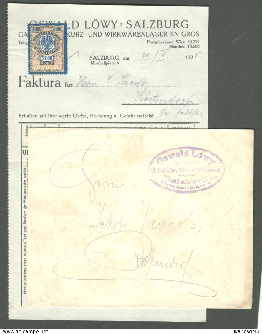 Österreich SALZBURG 1925 Deko Rechnung + Fiskalmarke + VersandUmschlag Fa Oswald Löwy Galanteriewaren Mirabellplatz 6 - Autriche