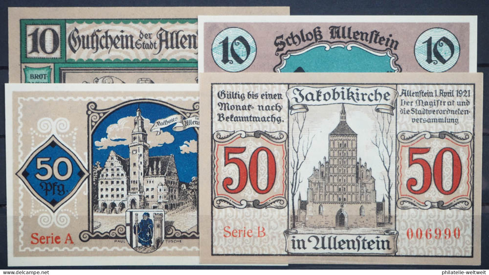 Allenstein; "ALLENSTEIN",  Vier Verschiedene Notgeldscheine 1921 - Monétaires/De Nécessité