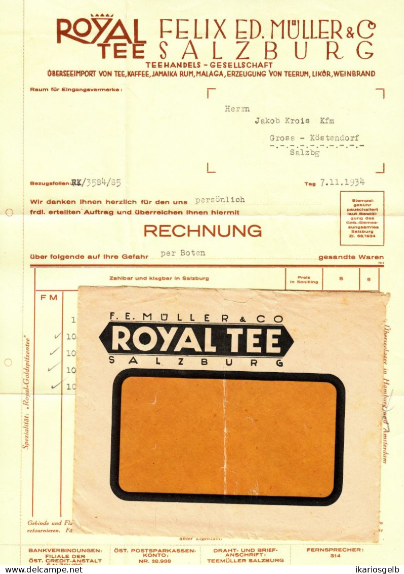 Österreich SALZBURG 1934 Deko Rechnung + VersandUmschlag Fa Royal Tee Felix Müller Übersee-Import Kaffee Rum Malaga - Oostenrijk