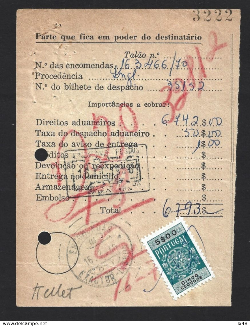 Recibo De Expedição De Encomenda Postal Para Inglaterra 1960. Obliteração Encomendas, Exactor, Lisboa. Stamp Fiscal 5$00 - Lettres & Documents