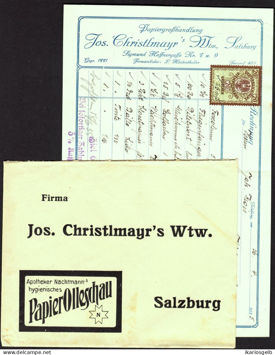 Österreich SALZBURG 1935 Deko Rechnung + Fiskalmarke + Klopapier-Reklame-Umschlag Fa Jos.Christlmayr S.Haffnergasse 7-9 - Österreich