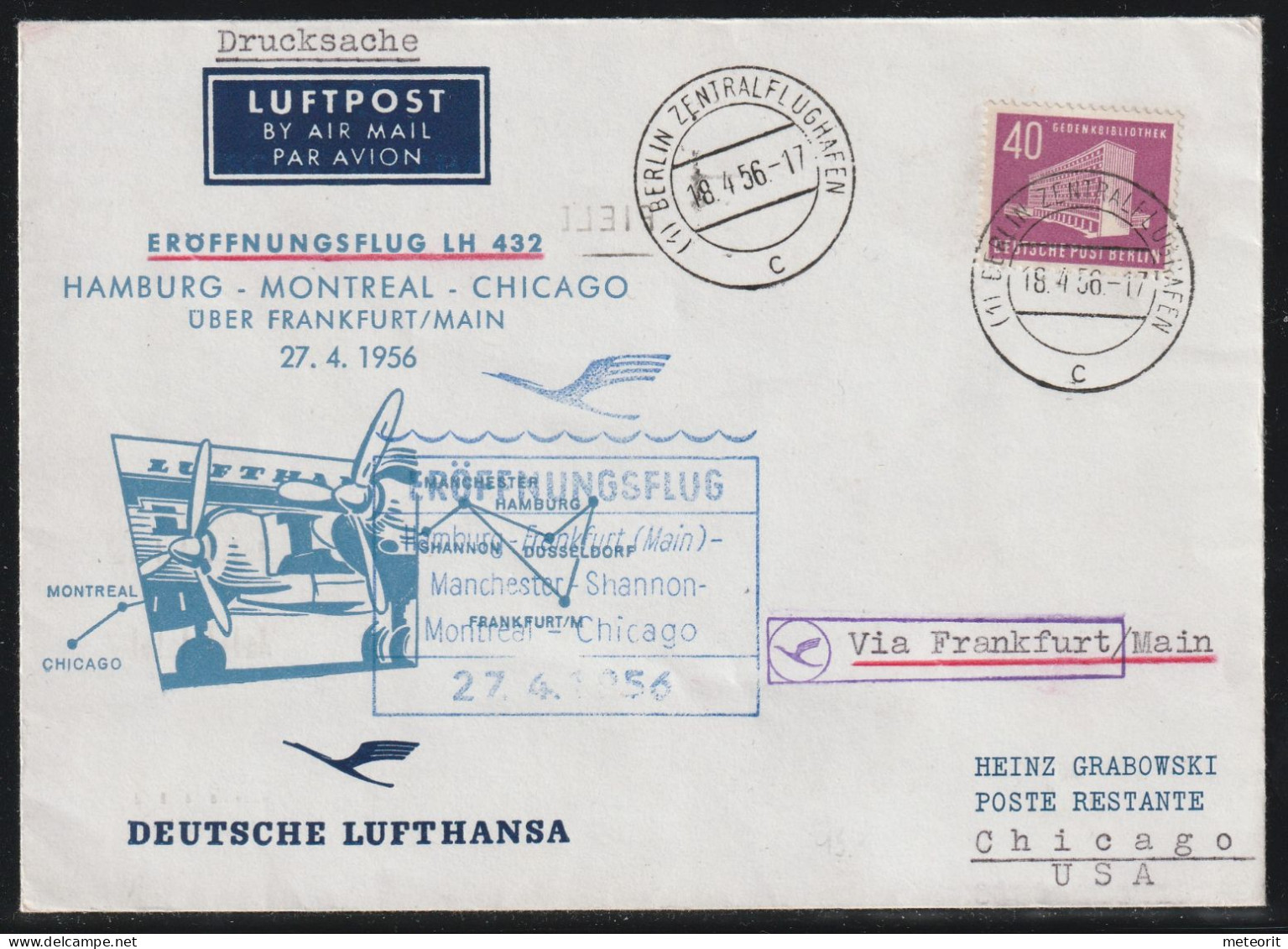 Eröffnungsflug LH 432 Mit MiNr. 122 Gestempelt, (1) BERLIN ZENTRALFLUGHAFEN C 18.4.56-17 über Frankfurt/Main, - Poste Aérienne