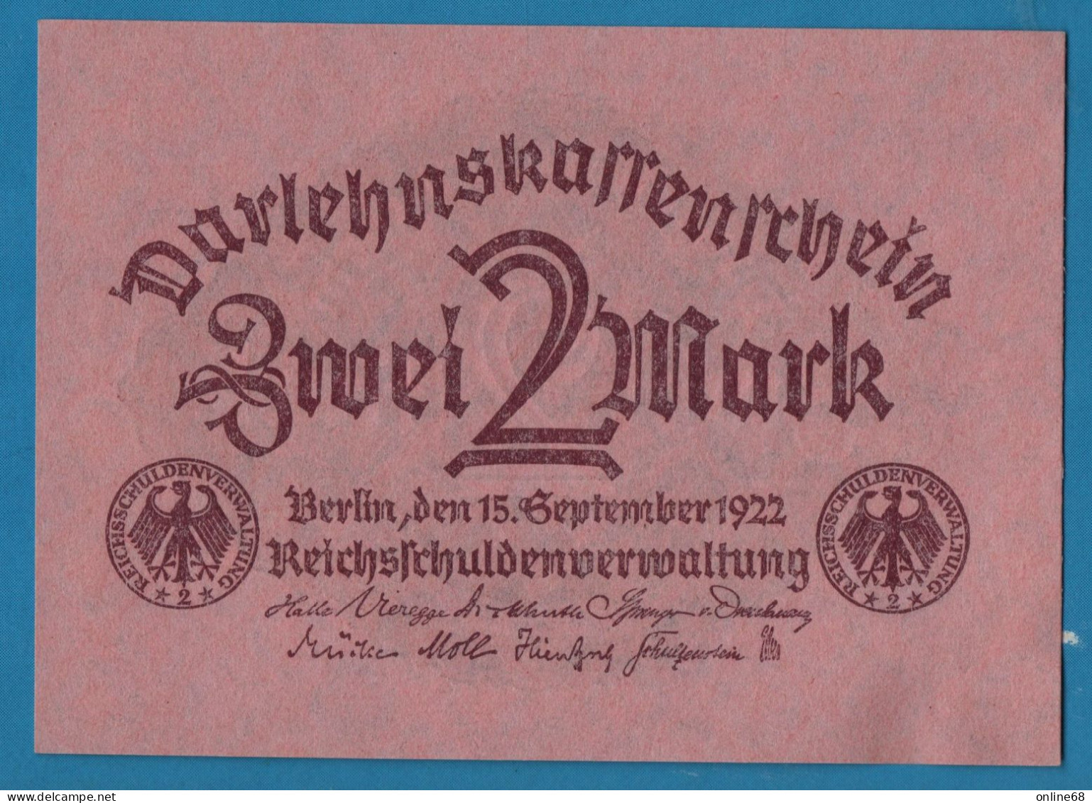 DEUTSCHES REICH 2 MARK 15.09.1922 P# 62 DARLEHENSKASSENSCHEIN - Administration De La Dette