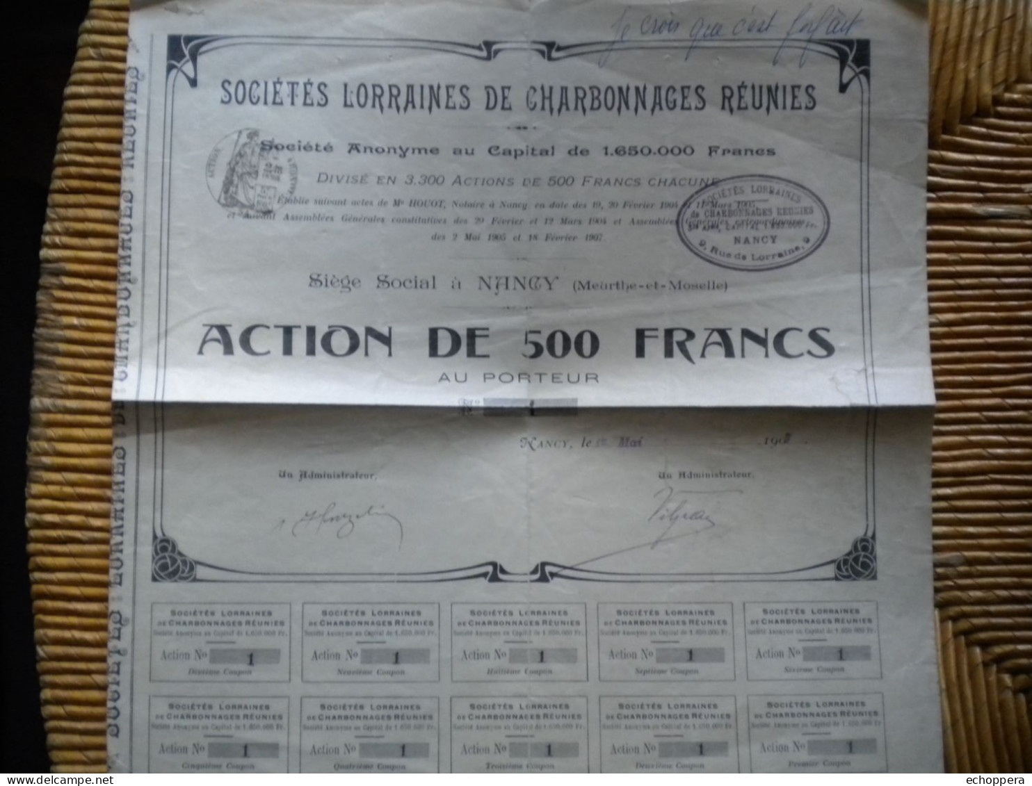 54- NANCY - LORRAINES De CHARBONNAGES REUNIS -  Rare : Action  NUMERO 1 - Autres & Non Classés