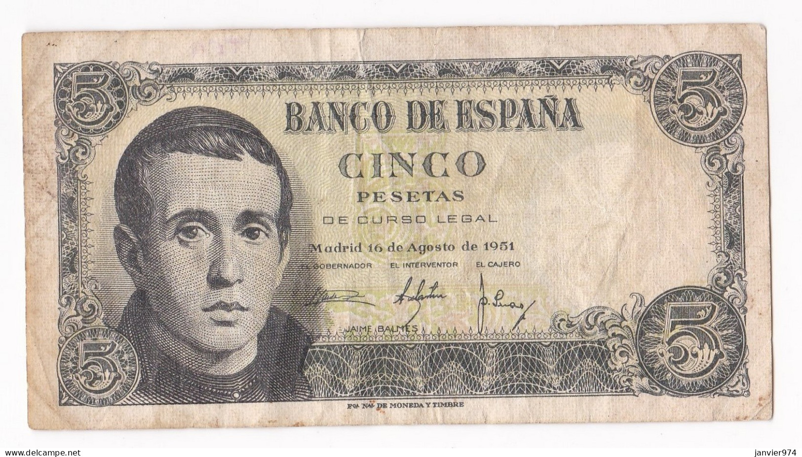 5 Pesetas Jaime Balmes 1951, N° 1L 0752279 - 5 Peseten