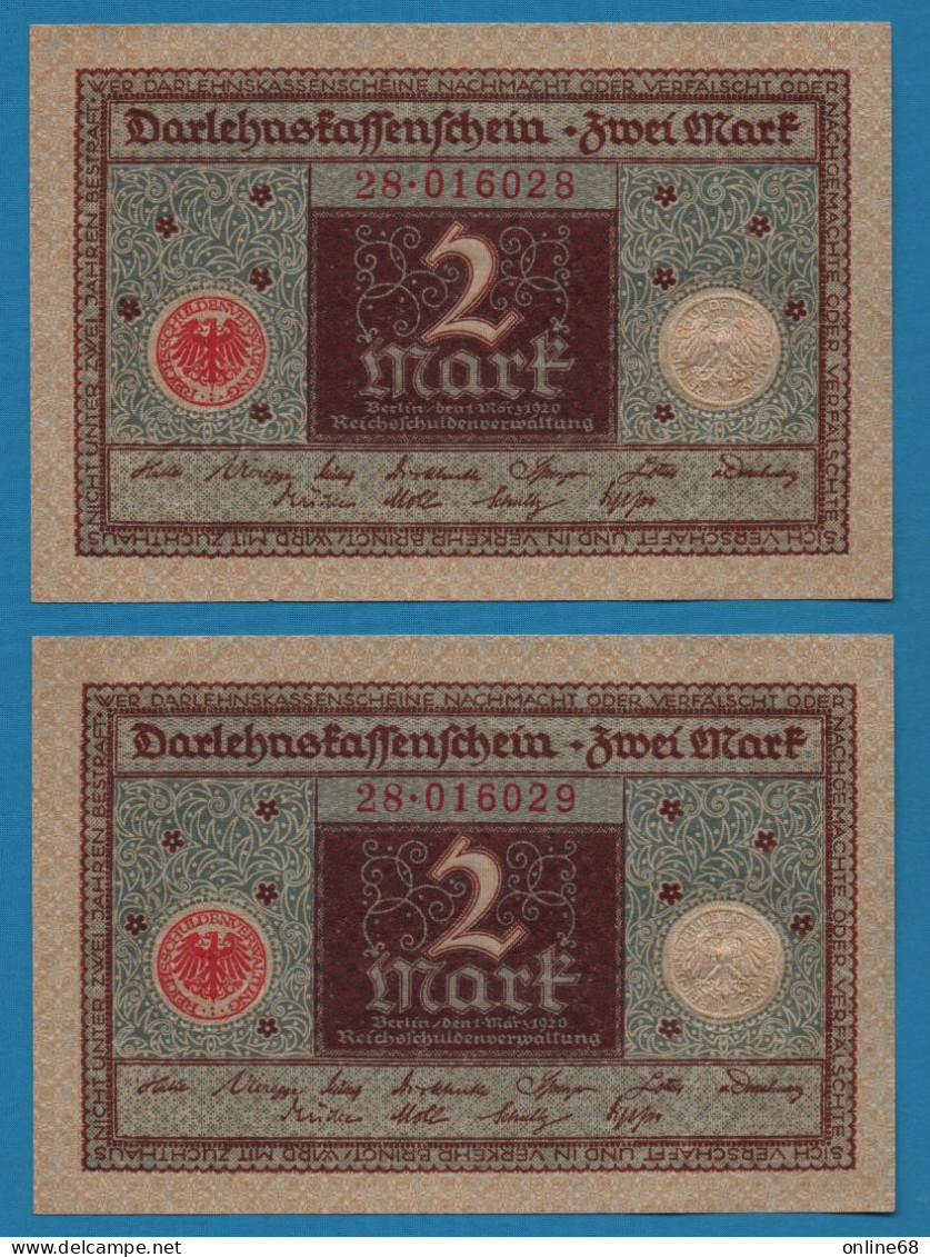 DEUTSCHES REICH LOT 2 X 2 MARK 01.03.1920 # 28.016028 + 29 P# 60 DARLEHENSKASSENSCHEIN - Reichsschuldenverwaltung