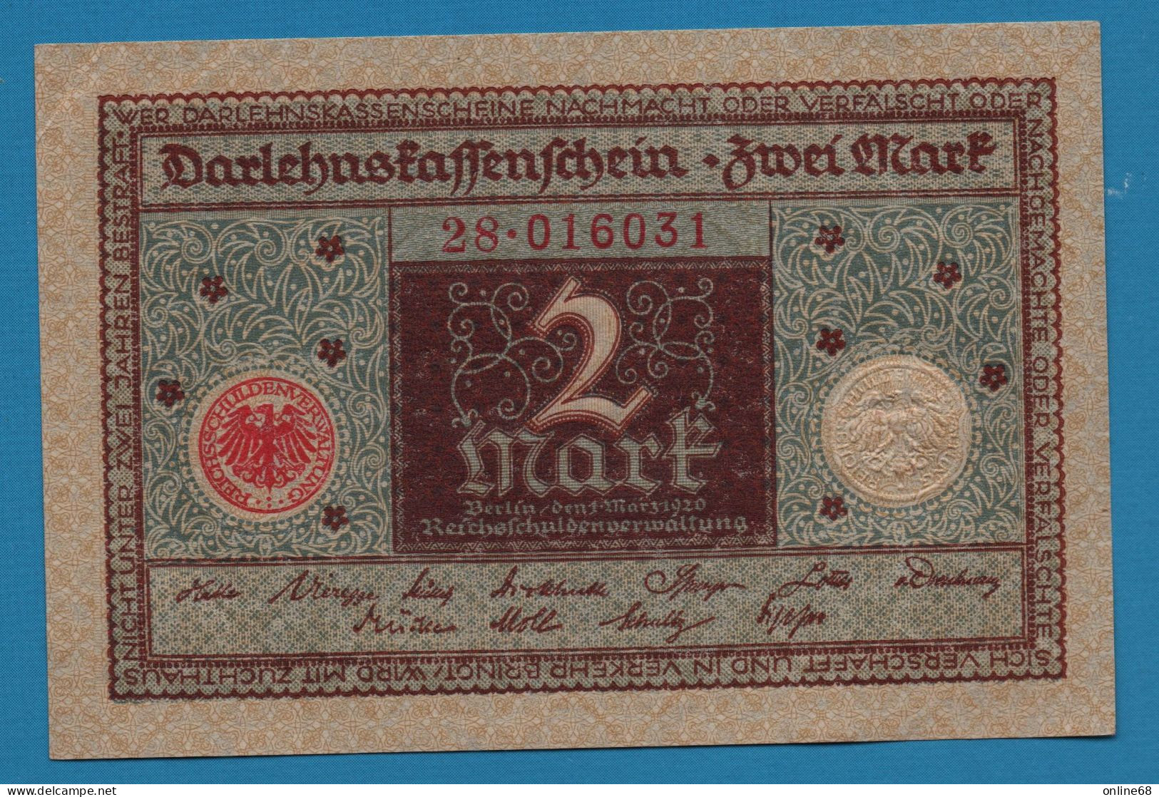 DEUTSCHES REICH LOT 2 X 2 MARK 01.03.1920 # 28.016030 + 31 P# 60 DARLEHENSKASSENSCHEIN - Administration De La Dette