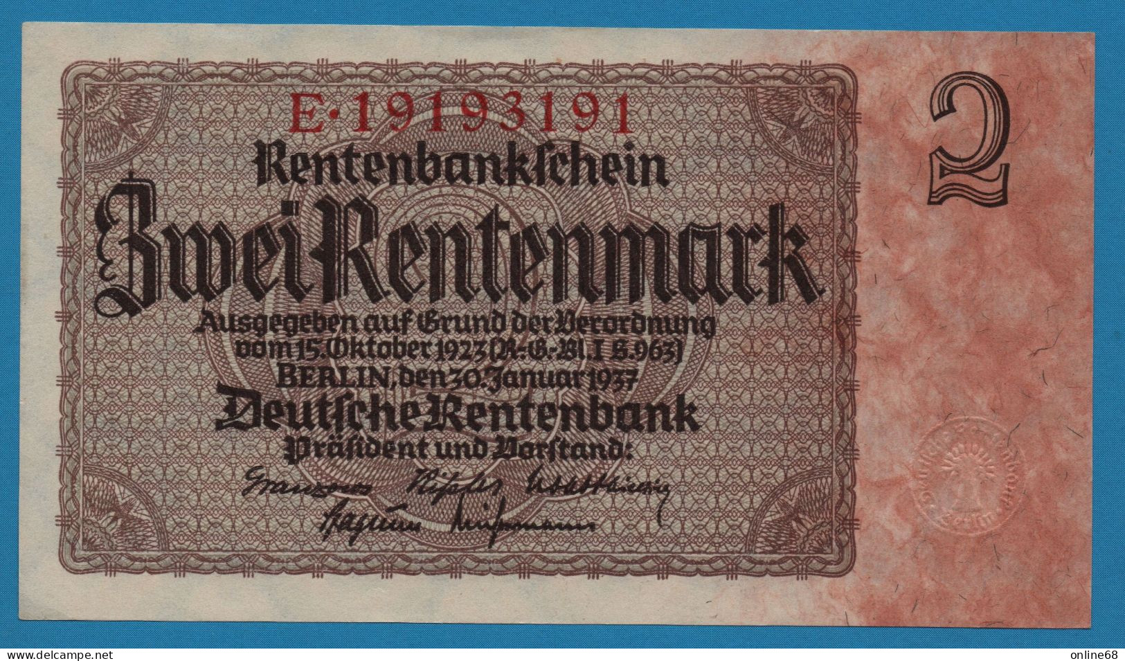 DEUTSCHES REICH  2 MARK 30.01.1937 # E.19193191 P# 174b Rentenbank - Andere & Zonder Classificatie