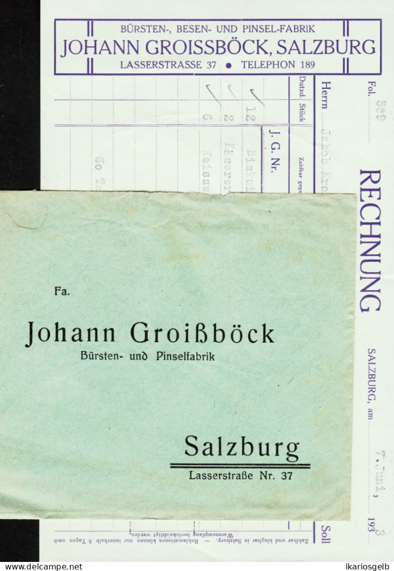 Österreich SALZBURG 1933 Deko Rechnung + VersandUmschlag Fa Johann Groißböck Bürsten Besen Pinsel Lasserstr.37 - Austria