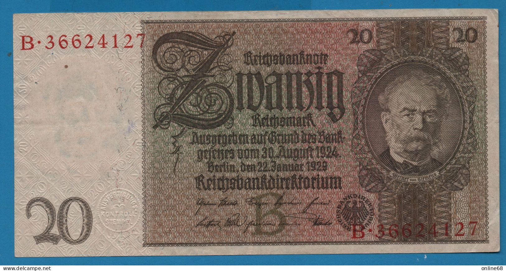 DEUTSCHES REICH  20 MARK 22.01.1929 LETTER B # B.36624127 P# 181a Werner Von Siemens - 20 Mark