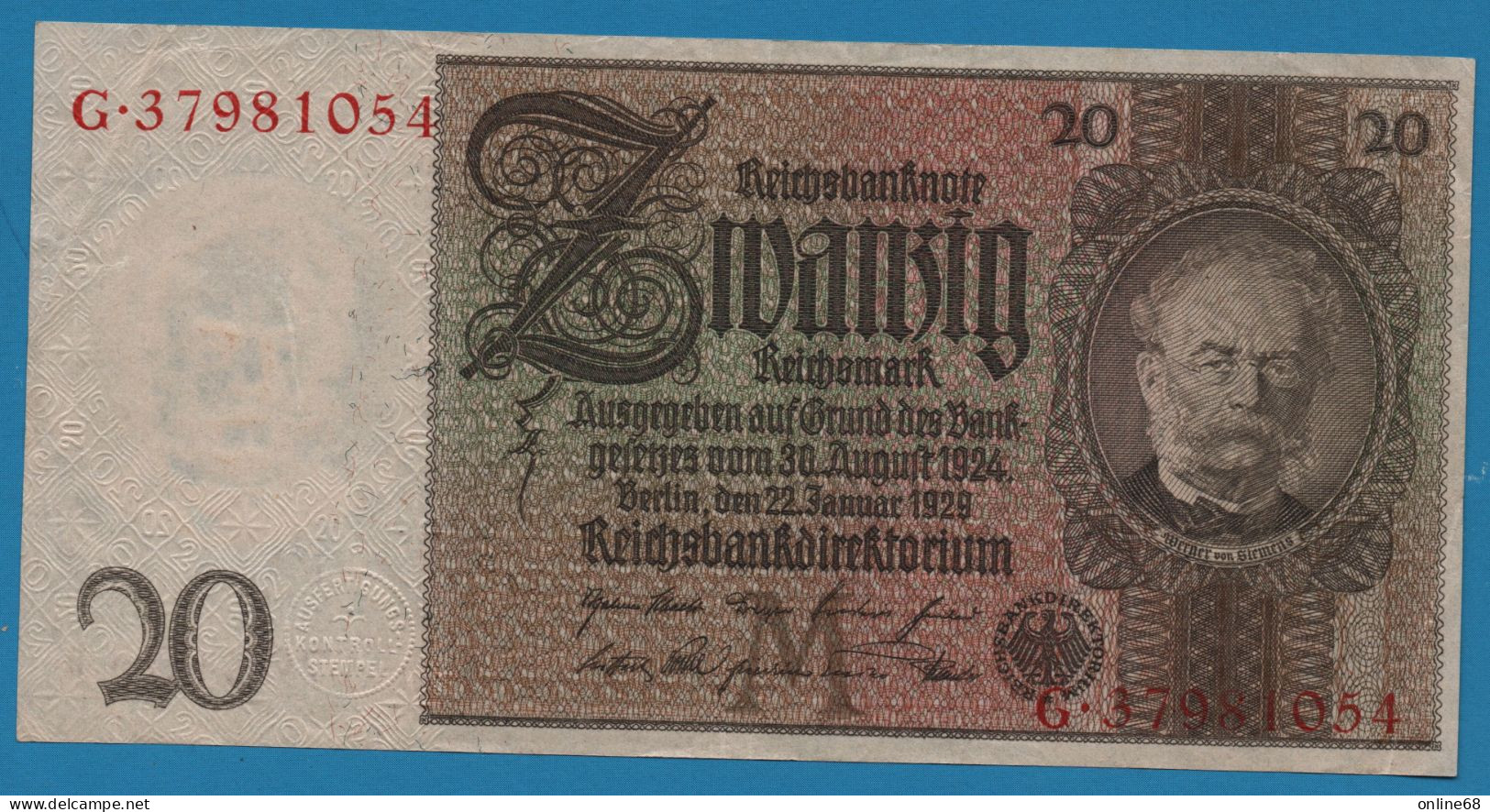 DEUTSCHES REICH  20 MARK 22.01.1929 LETTER M # G.37981054  P# 181a Werner Von Siemens - 20 Mark