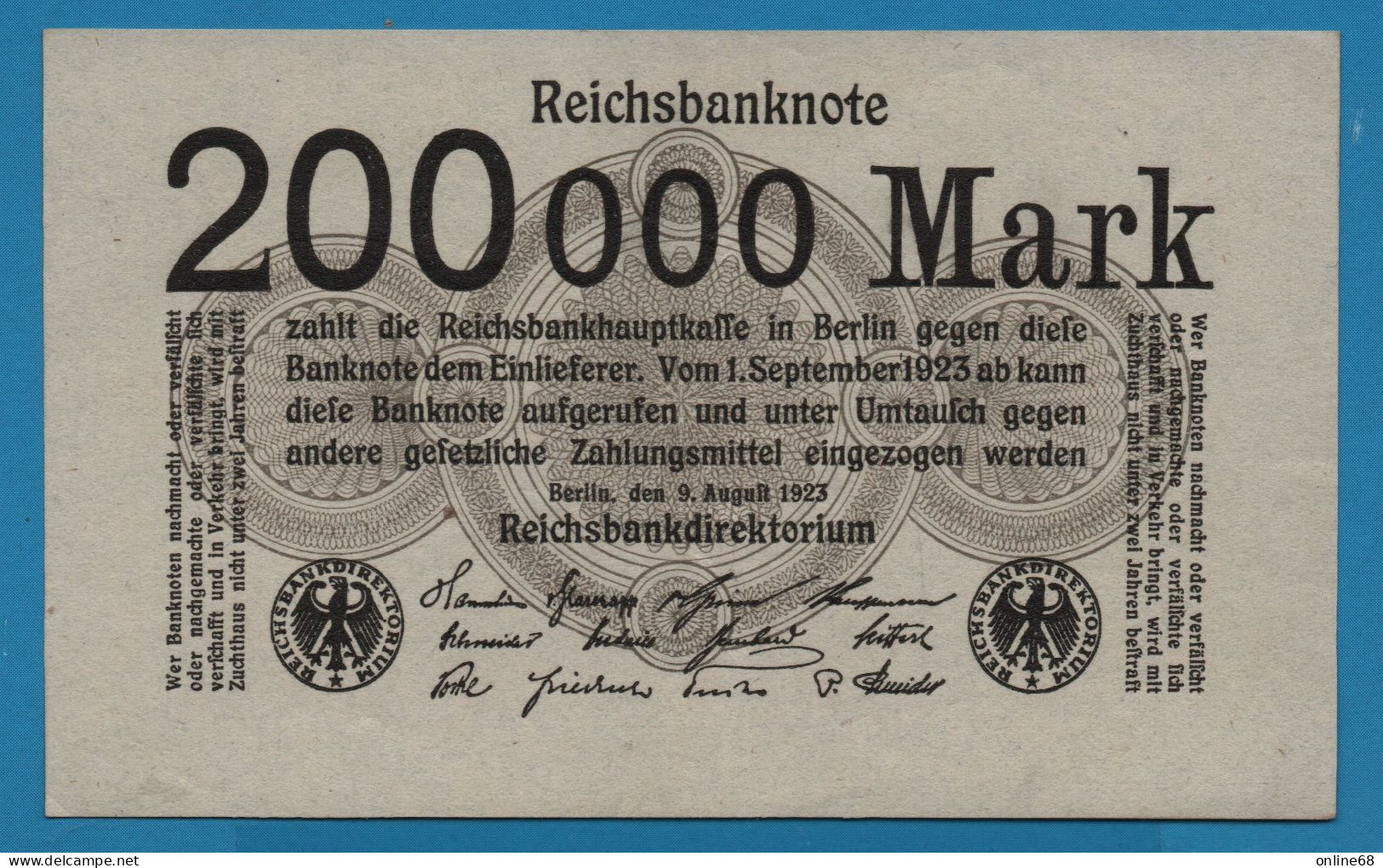 DEUTSCHES REICH  200.000 MARK 09.08.1923  P# 100 No Block No - Otros & Sin Clasificación