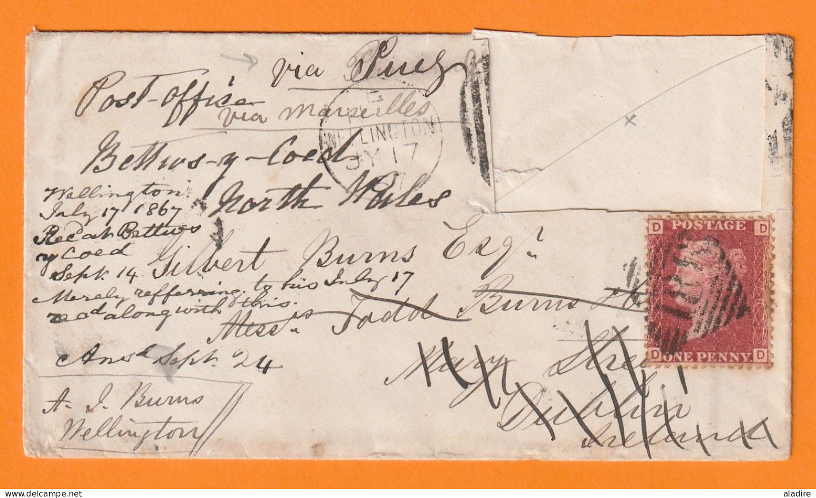 1867 - Enveloppe  De WELLINGTON Vers DUBLIN, Irlande Via SUEZ & MARSEILLE - Redirigée Vers Betws-y-Coed, North Wales - Covers & Documents