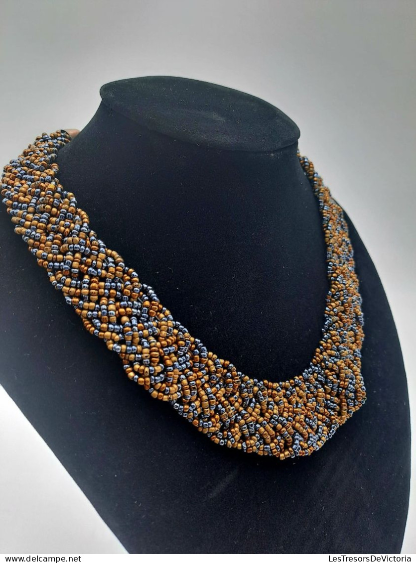 BIJOUX - Collier En Perles Brun Et Bleu Tréssé  - Bijoux Fantaisie - Ras De Cou - Colliers/Chaînes