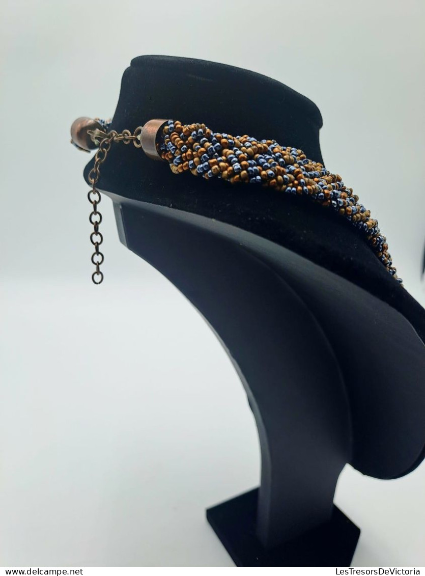 BIJOUX - Collier En Perles Brun Et Bleu Tréssé  - Bijoux Fantaisie - Ras De Cou - Halsketten