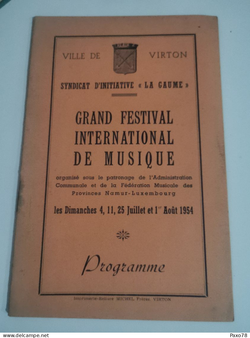 Brochure, Programme Ville De Virton 1954. Grand Festival International De Musique - Virton
