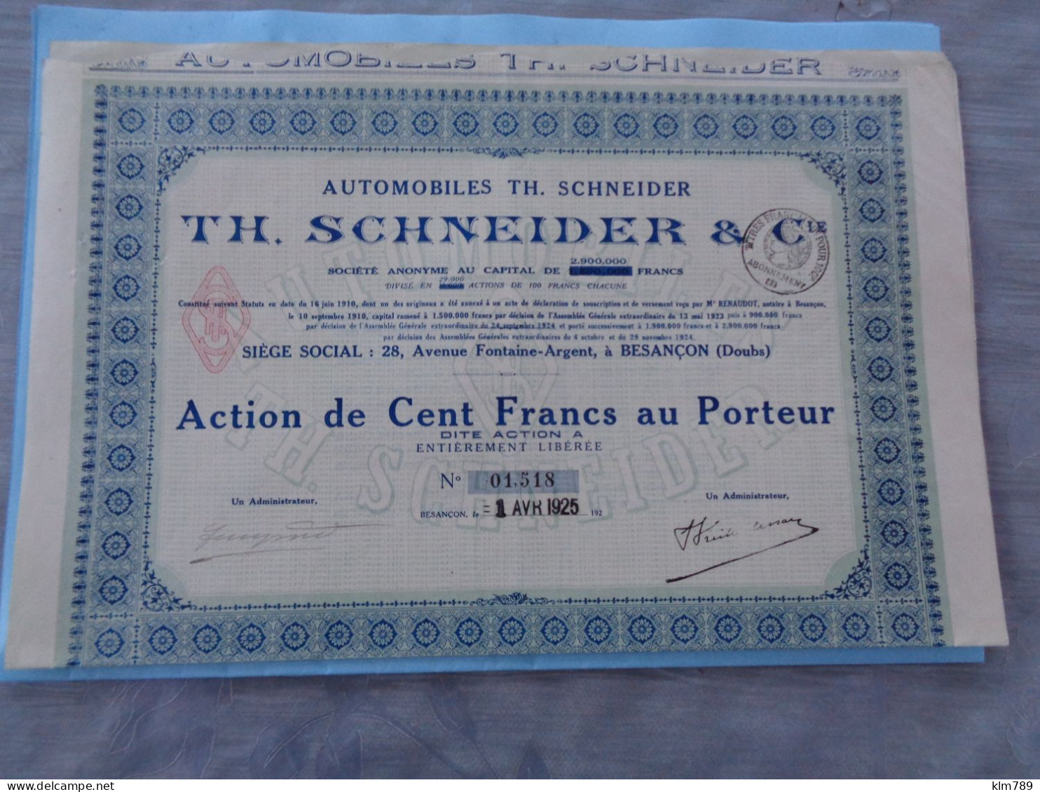 25- Doubs - Besançon - Action Cent Francs -Titre- Th . Schneider - 28 Av . Fontaine D'Argent - Voiture - 1925 - Réf.102 - Transports