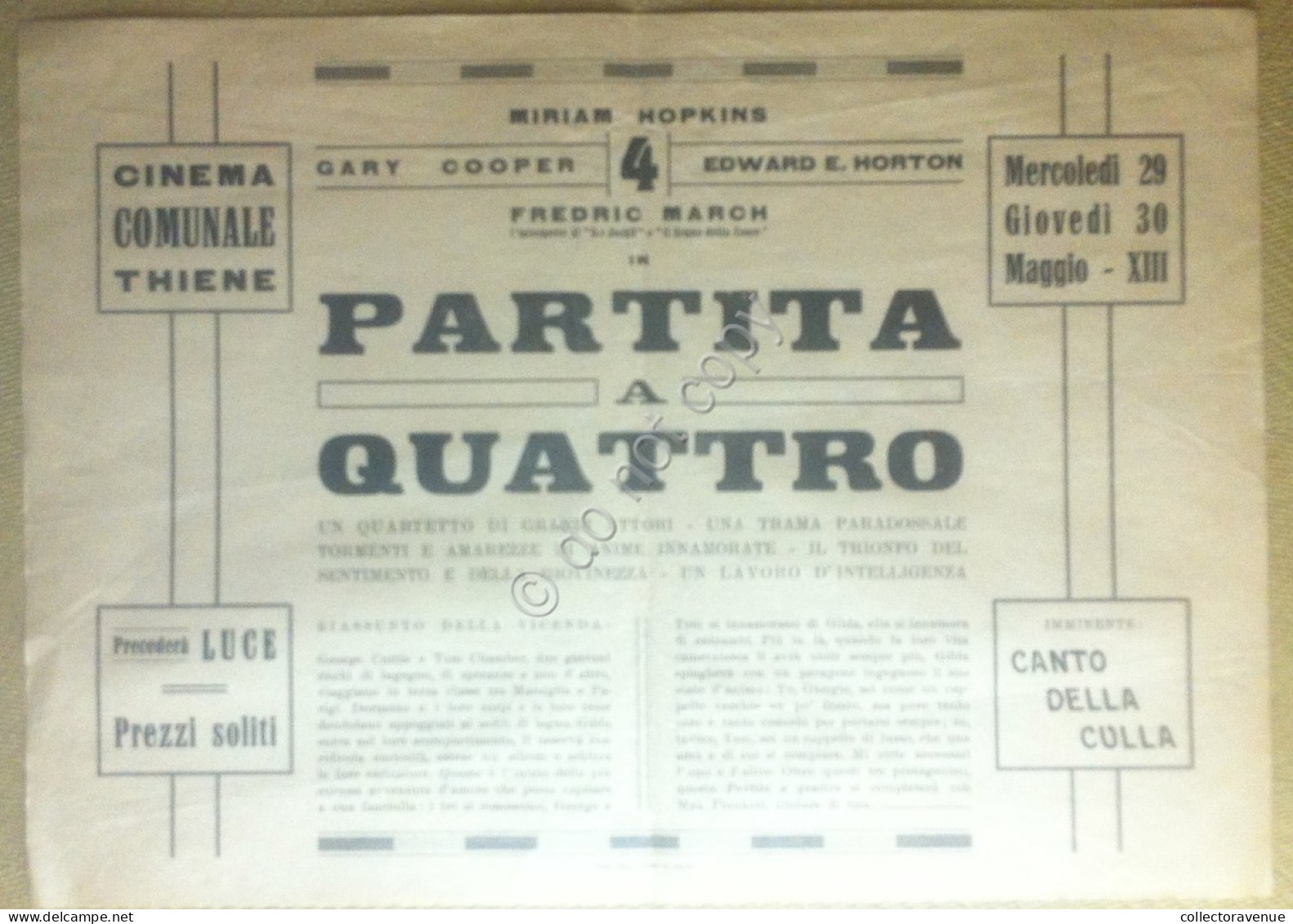 Locandina Cinema Comunale Thiene - Partita A Quattro - 1935 - Affiches & Posters