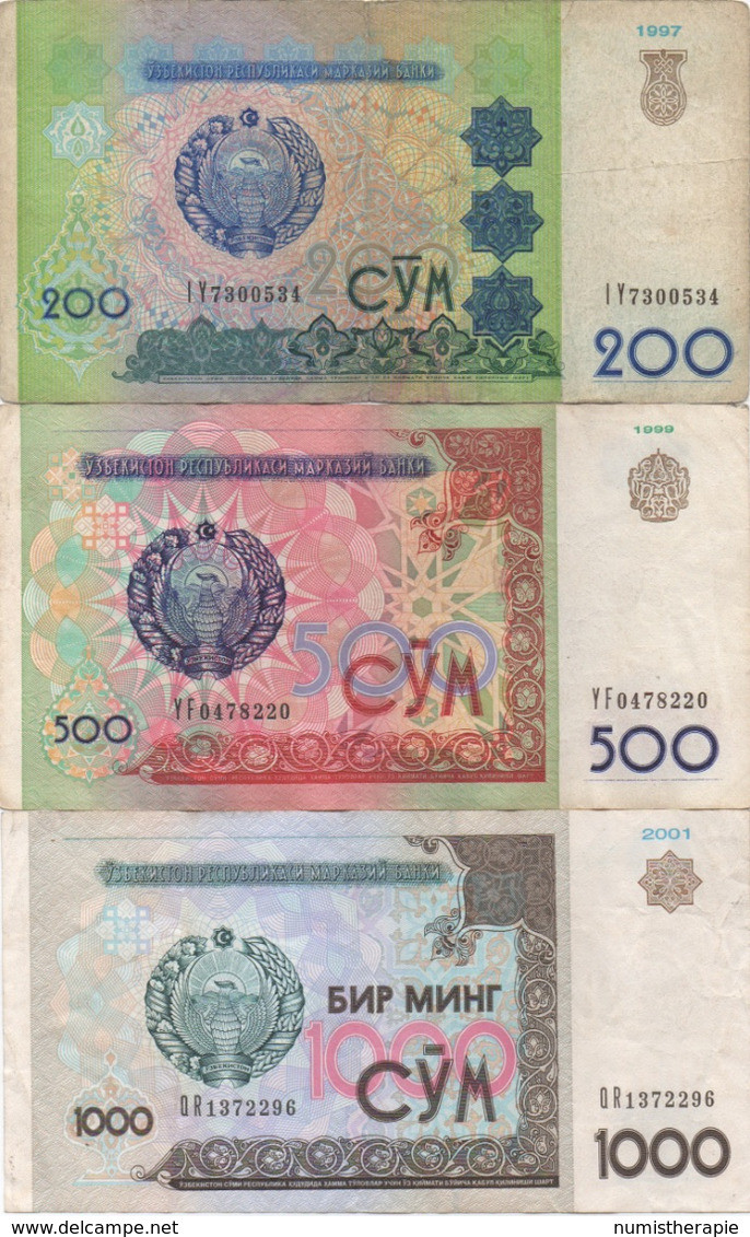 Ouzbékistan Uzbekistan : Série De 3 Billets : 200cym 1997 + 500cym 1999 + 1000cym 2001 (état : Mauvais-Bon-Moyen) - Ouzbékistan