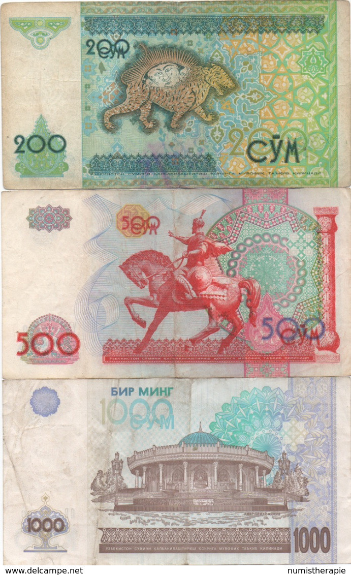 Ouzbékistan Uzbekistan : Série De 3 Billets : 200cym 1997 + 500cym 1999 + 1000cym 2001 (état : Mauvais-Bon-Moyen) - Uzbekistan