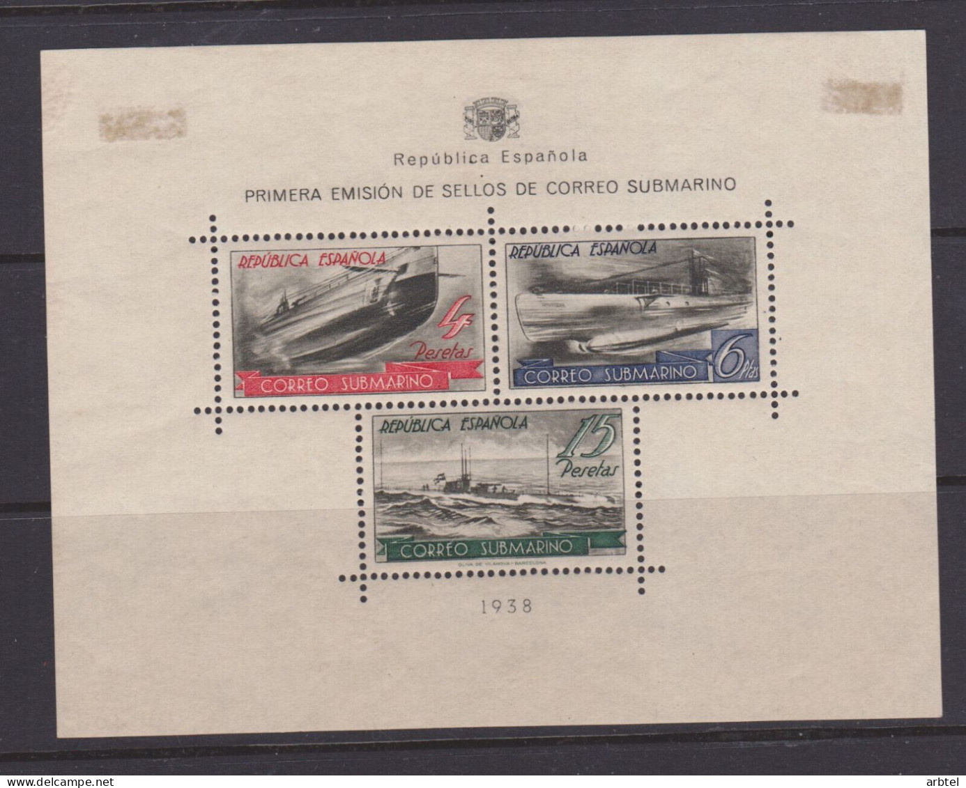 ESPAÑA SPAIN 1938 BLOCK SHEET SUBMARINE MAIL MH - Submarinos