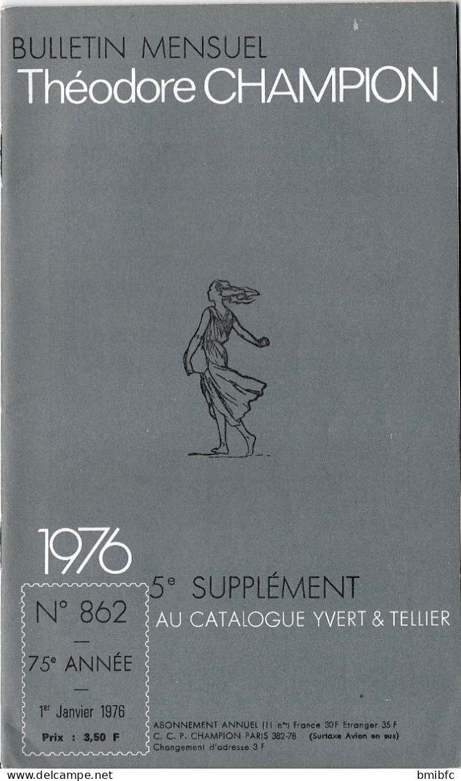 BULLETIN MENSUEL Théodore CHAMPION N° 862      - 1er Janvier 1976  (38 Pages) - Frankreich