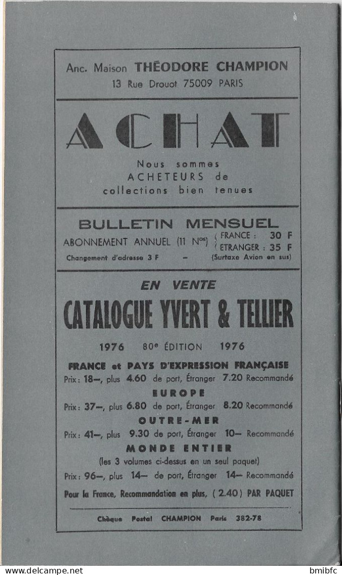 BULLETIN MENSUEL Théodore CHAMPION N° 862      - 1er Janvier 1976  (38 Pages) - Frankrijk