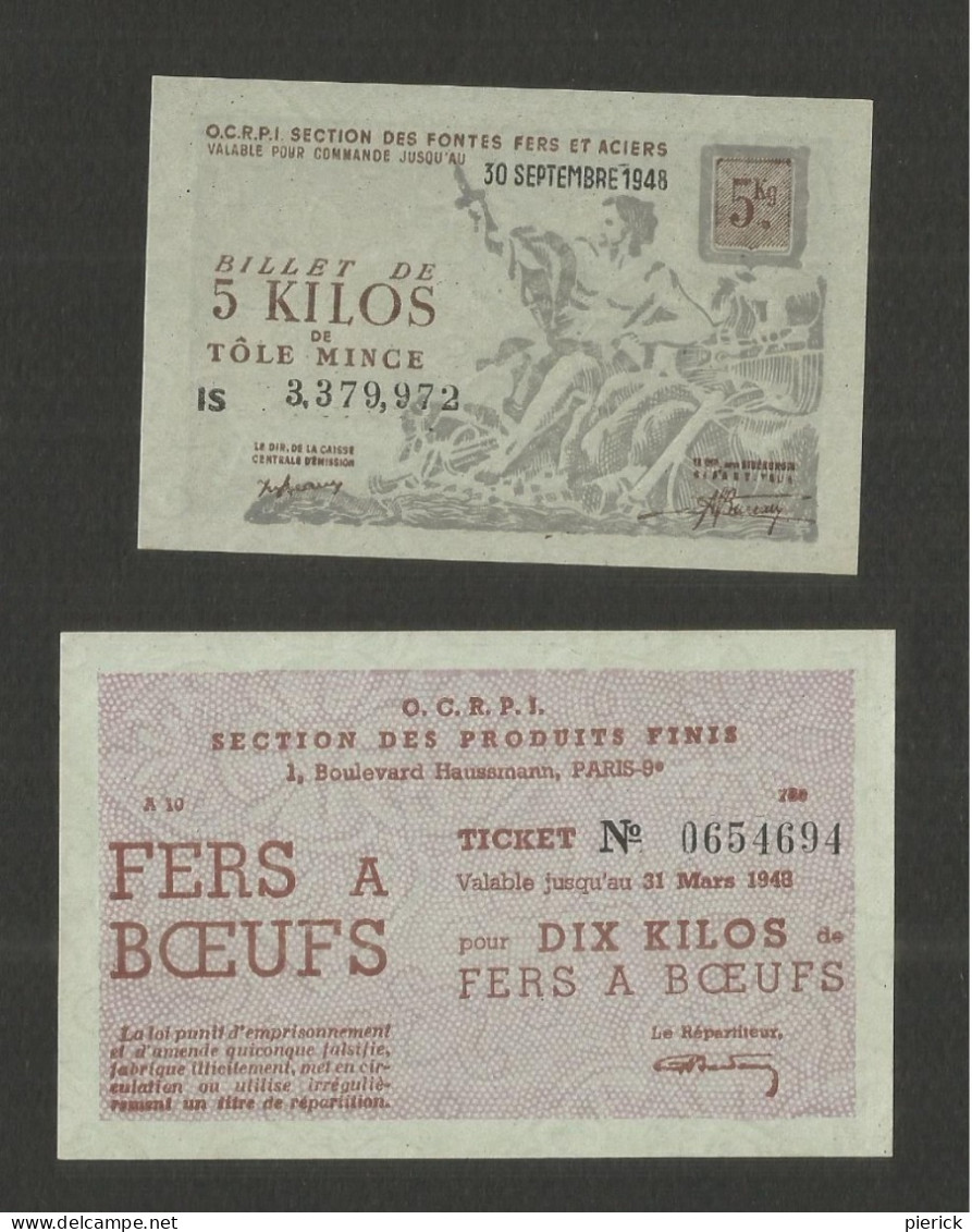 LOT 2 BILLETS TICKETS MATIERES Premieres  OCRPI 1948 5 KG Tole Mince  10 KILOS  Fer à  Bœufs - Bonds & Basic Needs