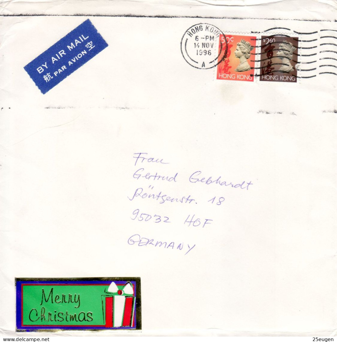 HONG KONG 1996  AIRMAIL  LETTER SENT  TO HOF - Lettres & Documents