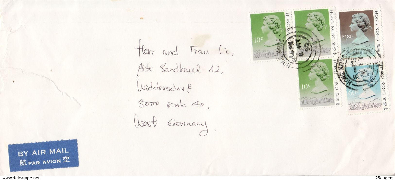 HONG KONG 1990  AIRMAIL   LETTER SENT  TO KOELN - Lettres & Documents
