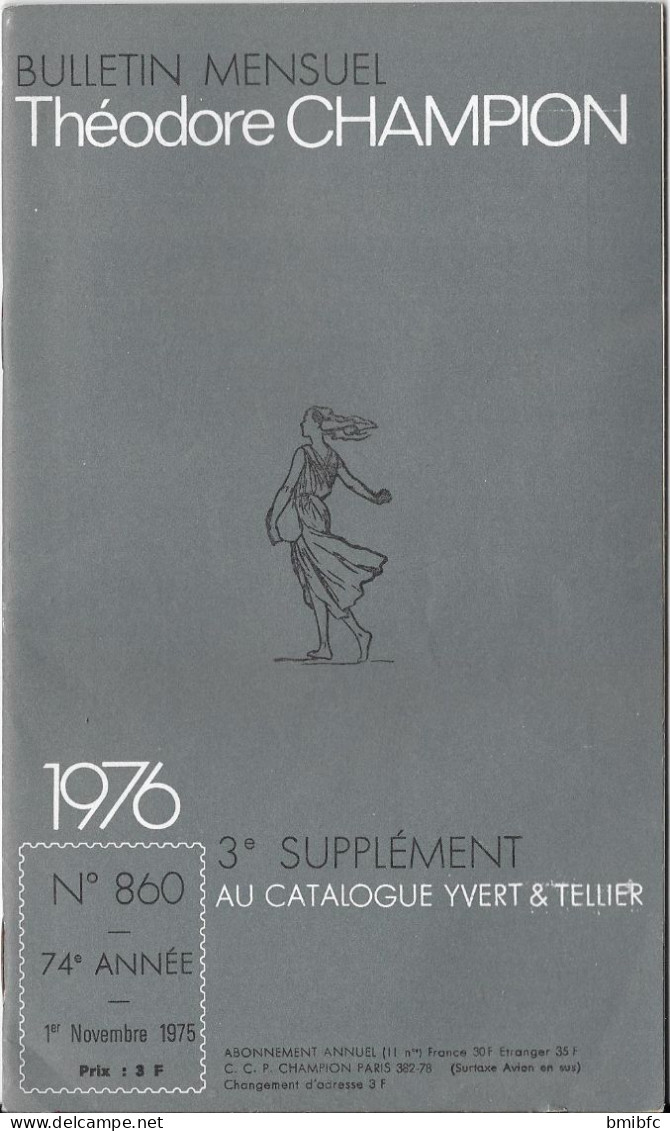 BULLETIN MENSUEL Théodore CHAMPION N° 860      - 1er Novembre 1975  (34 Pages) - Francia