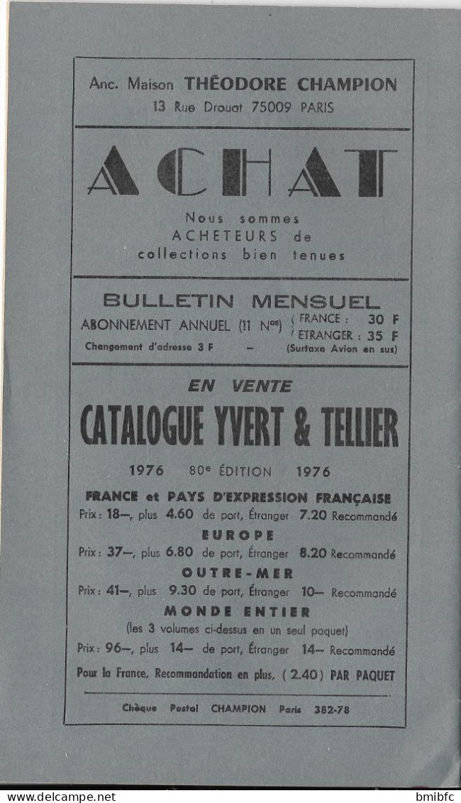 BULLETIN MENSUEL Théodore CHAMPION N° 863      - 1er Février 1976  (38 Pages) - Francia