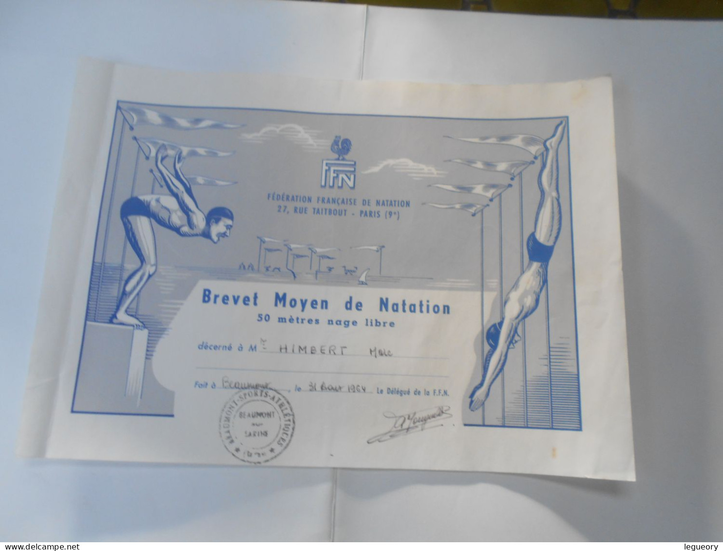 Brevet Elementaire De Natation    50 M Nage Libre  31 Aout 1964 - Diplômes & Bulletins Scolaires