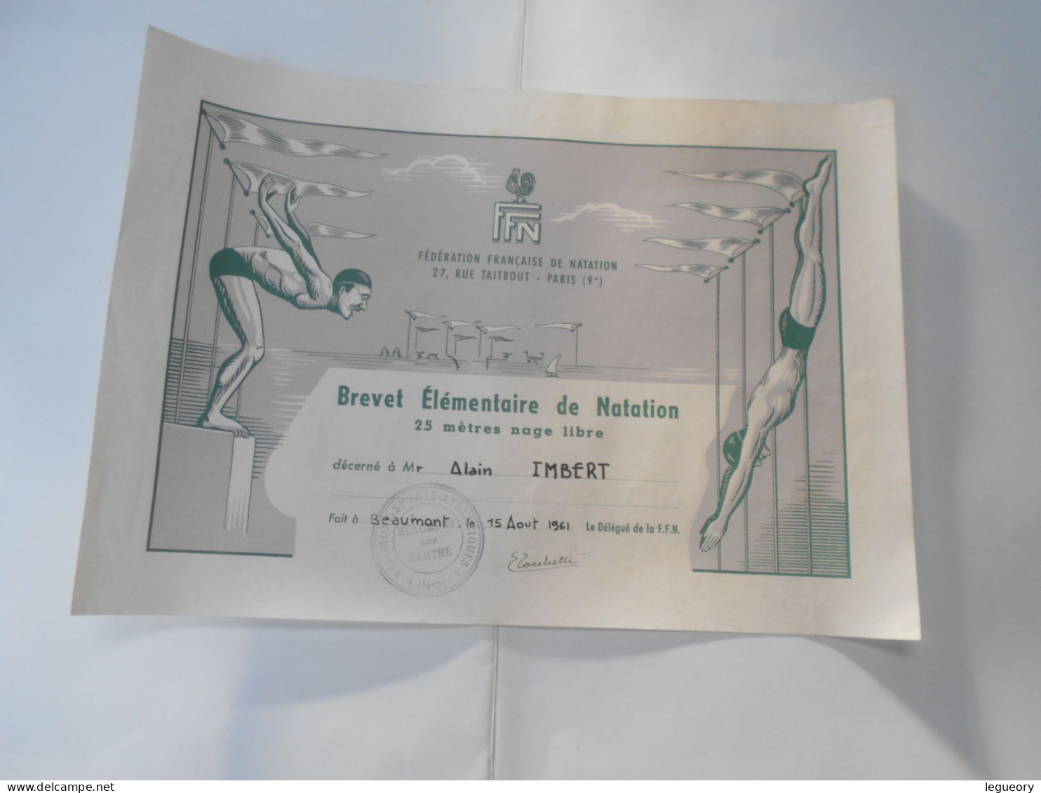 Brevet Elementaire De Natation    25 M Nage Libre 15 Aout 1961 - Diplômes & Bulletins Scolaires