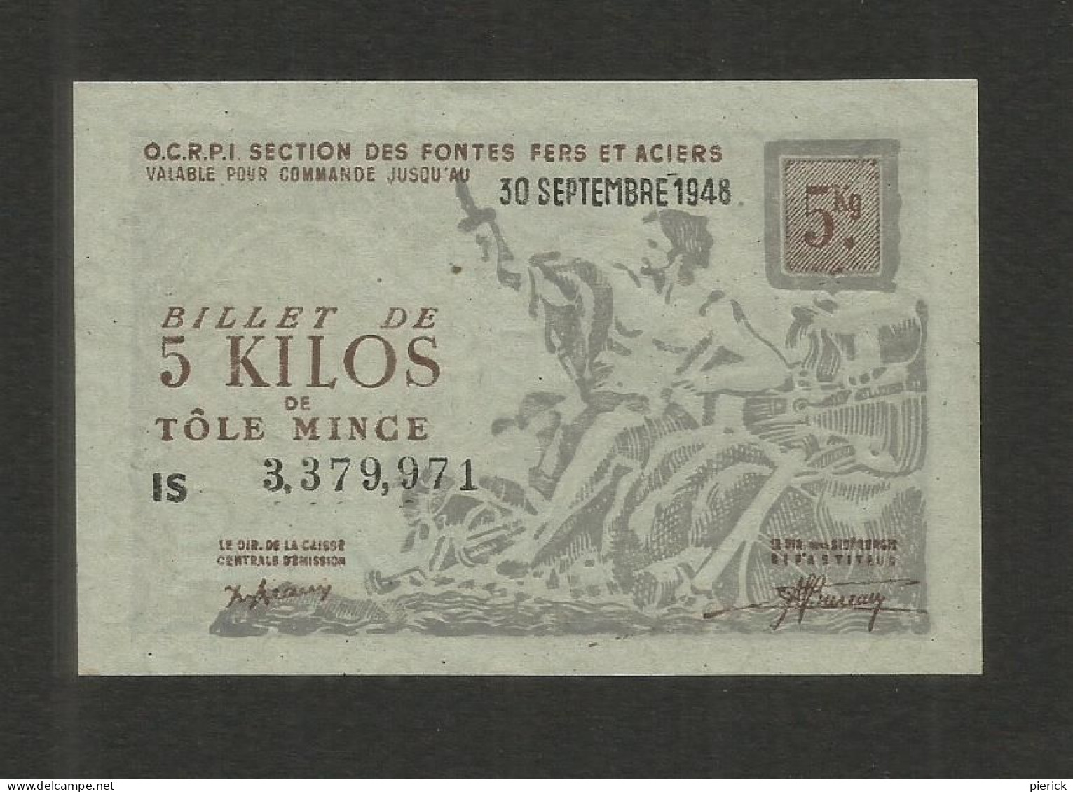 BILLET TICKET MATIERES Premieres  OCRPI 1948   Acier Et Fontes 5 Kilos De Tole Mince - Bons & Nécessité