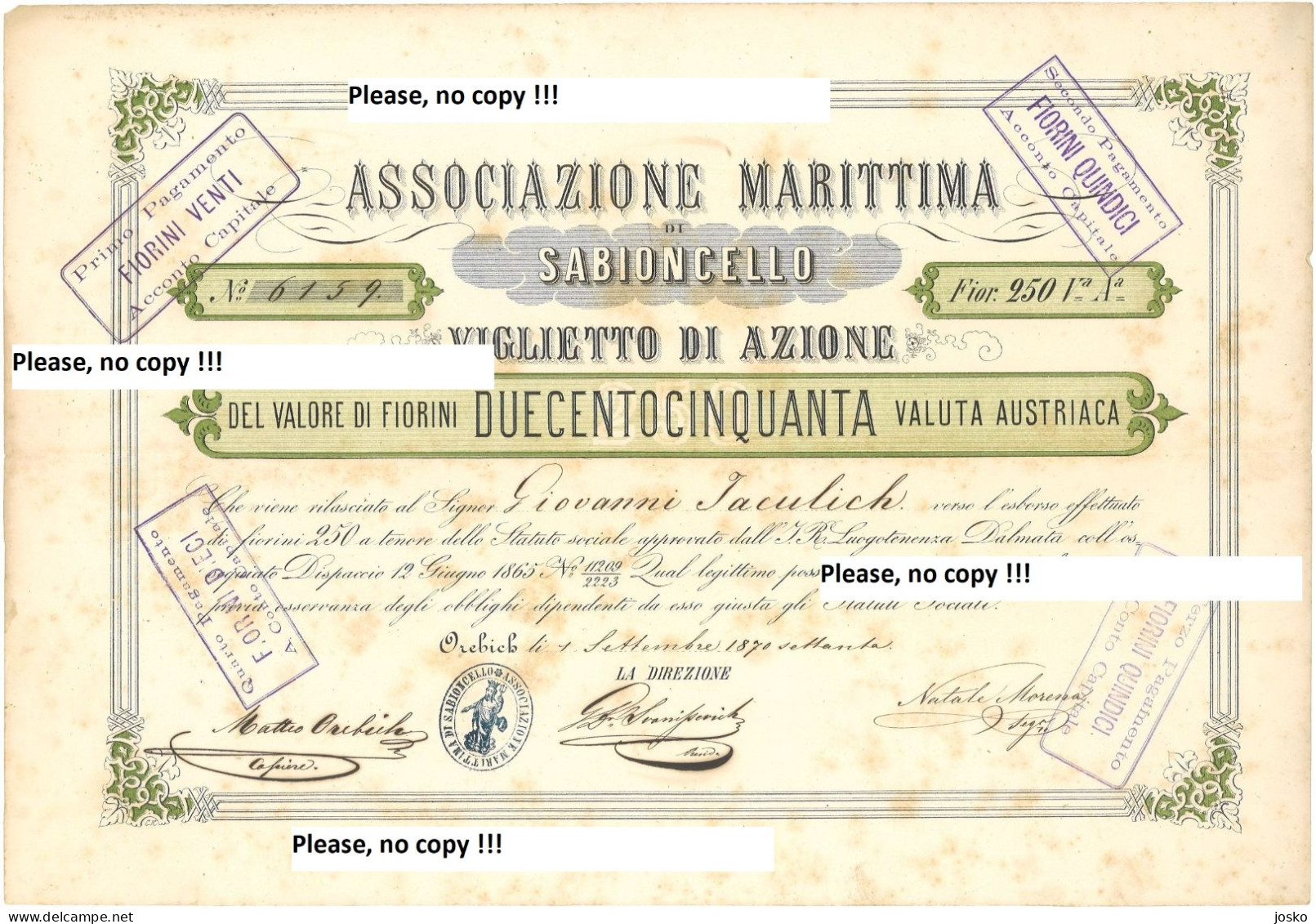 PELJEŠKO POMORSKO DRUŠTVO OREBIĆ (Peljesac Maritime Society) Associazione Marittima Di Sabioncello Croatia Share 1870.y - Transports