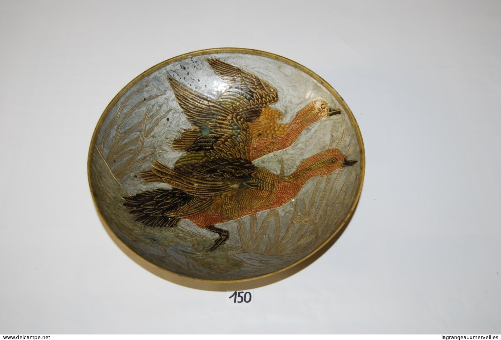 C150 Petit Plat En Cuivre - Décor Animalier - Chasse - Canard - Diam 24cm - Koper