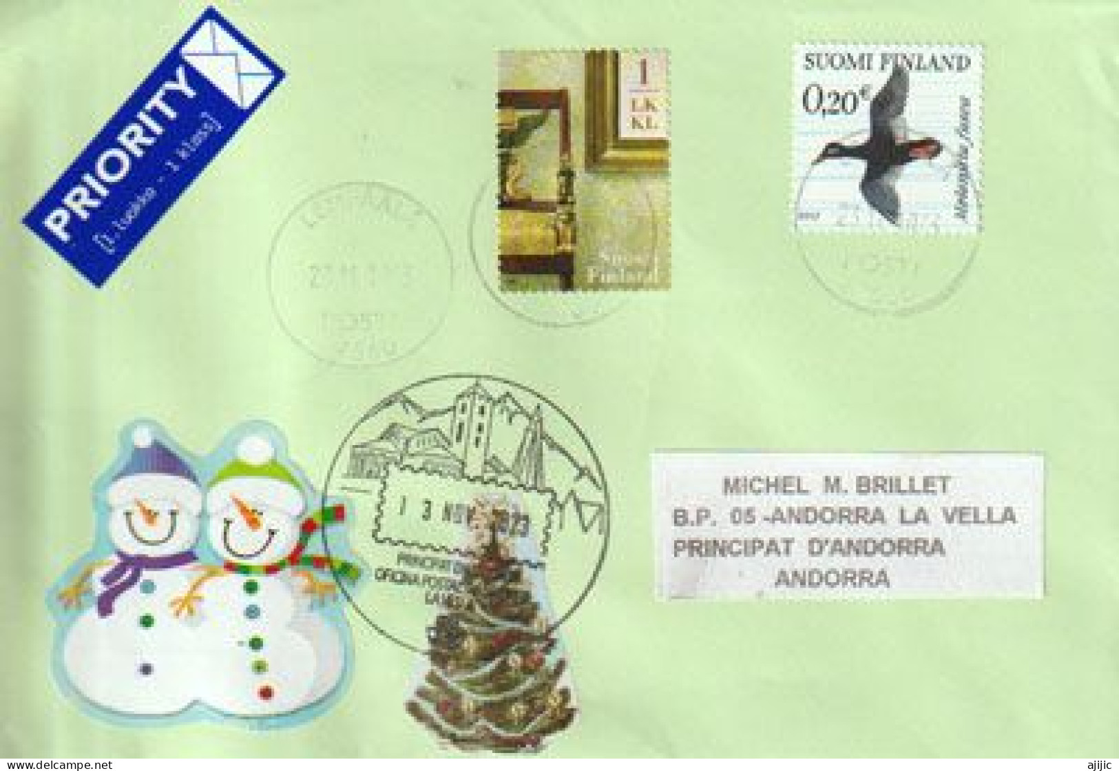 Merry Christmas Letter 2023 From Finland.  Velvet Scoter Duck / Canard De Velours , To Andorra,with Arrival Postmark - Briefe U. Dokumente