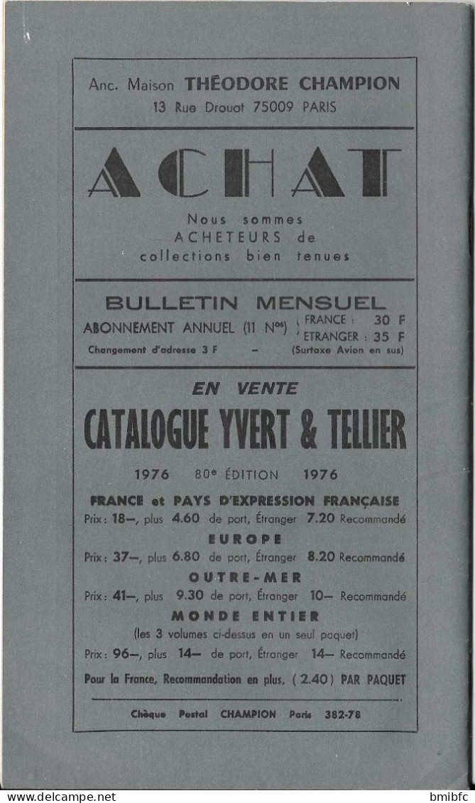 BULLETIN MENSUEL Théodore CHAMPION N° 859   - 1er Octobre 1975  (37 Pages) - Francia