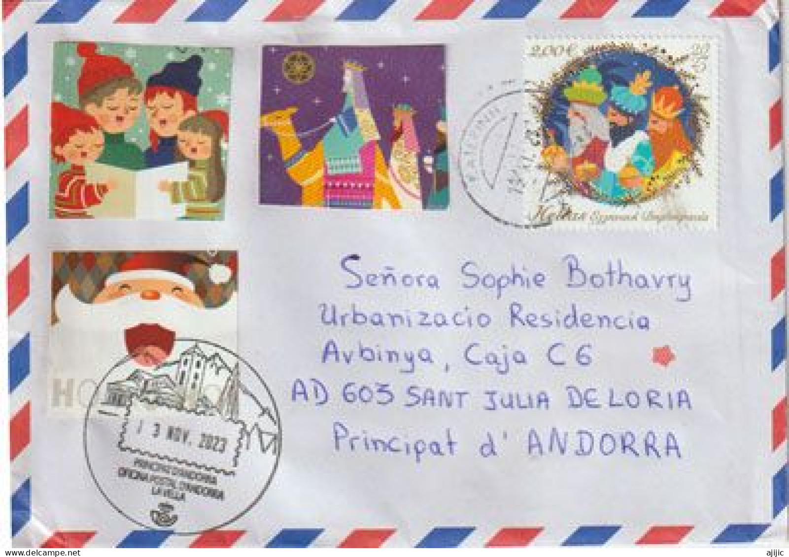 Merry Christmas 2023 From Greece , Letter New  2023 Christmas Sttamp, To Andorra,with Local Illustrated Arrival Postmark - Briefe U. Dokumente