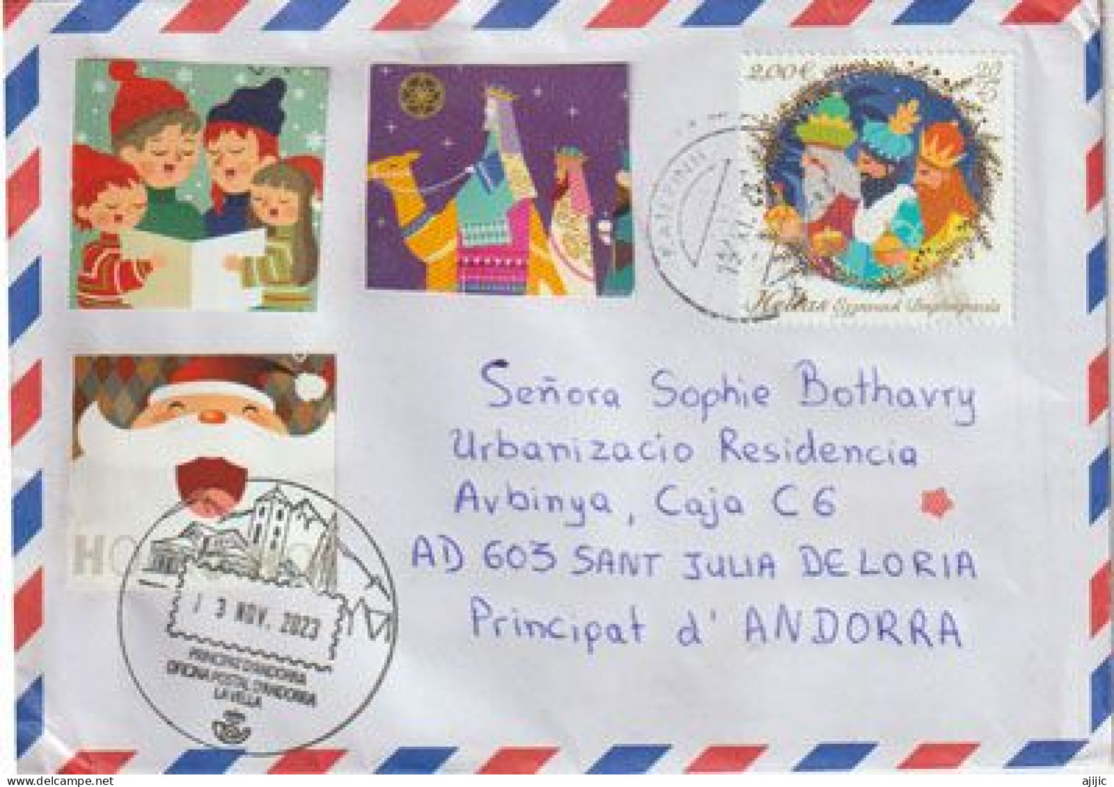 Merry Christmas 2023 From Greece , Letter New  2023 Christmas Sttamp, To Andorra,with Local Illustrated Arrival Postmark - Storia Postale
