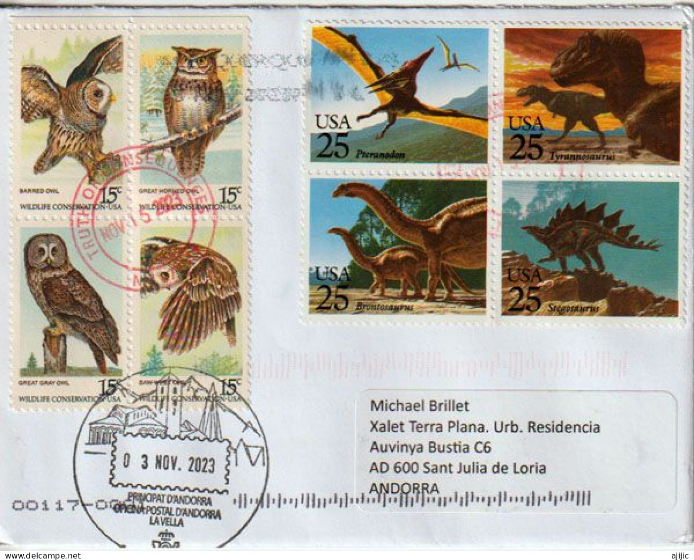 Letter USA 2023, Dinosaurs & Owls, To Andorra,with Local Illustrated Arrival Postmark - Lettres & Documents