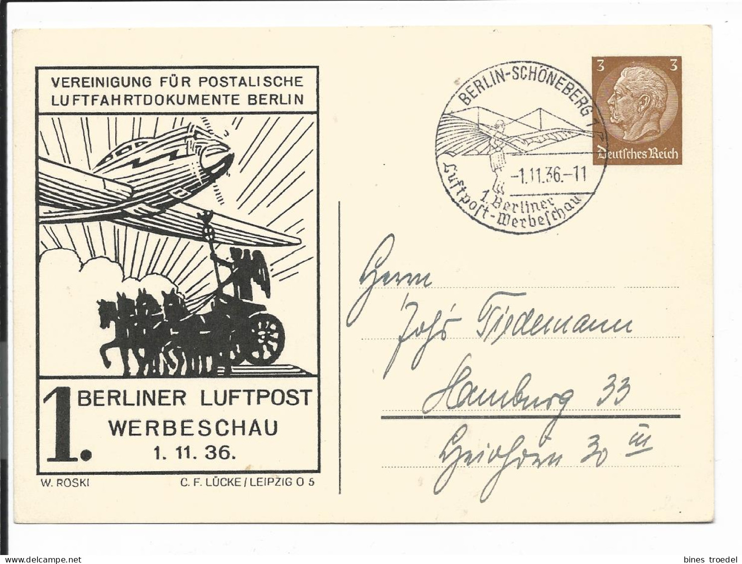 DR PP 122 C 32 - 02 - 3 Pf Hindenburg Med. 1. Berliner Luftpost-Werbeschau M. Bl. Sonderstempel Adressiert - Private Postal Stationery