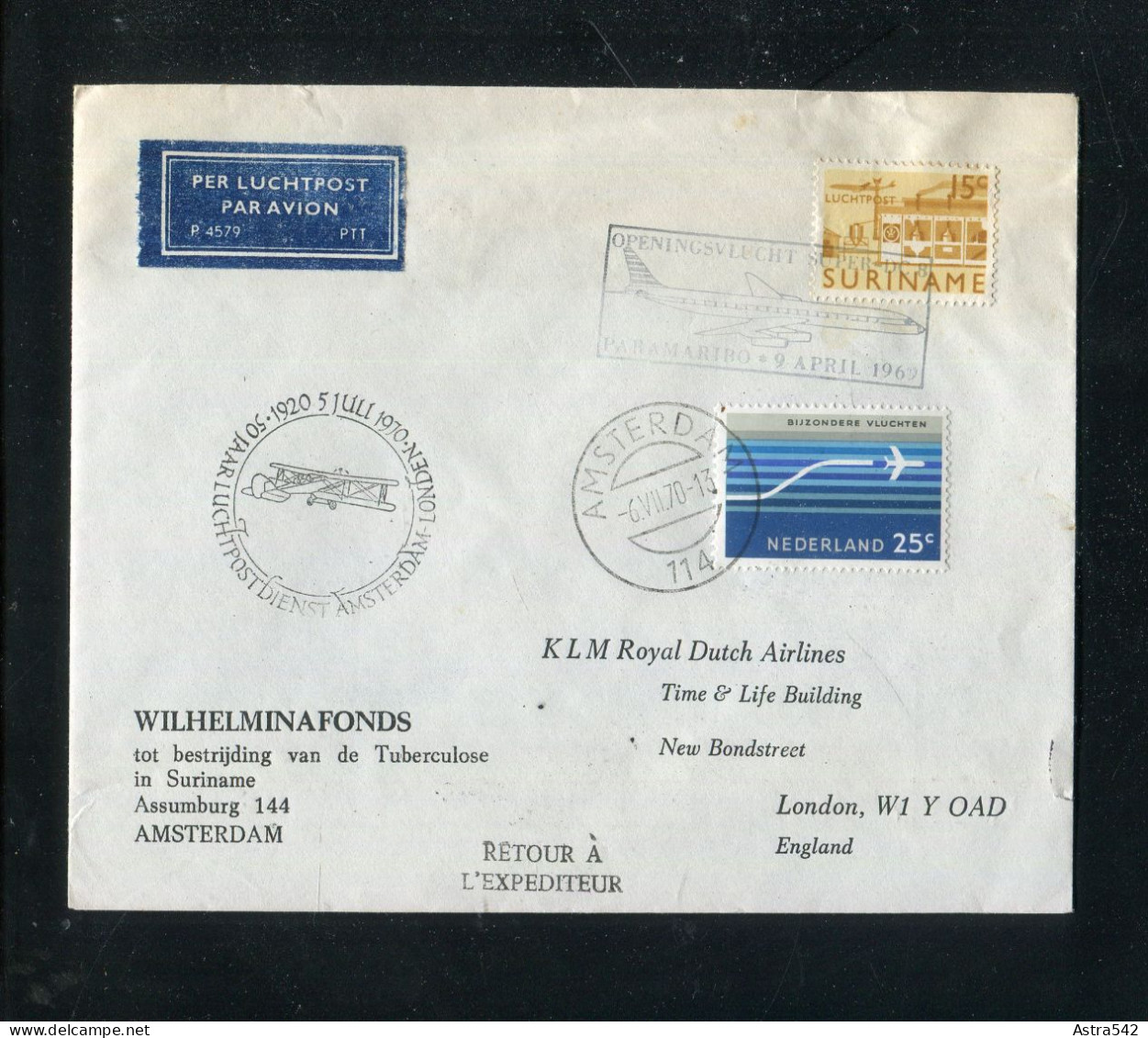 "NIEDERLANDE/SURINAM" 1970, Jubilaeumsflugbrief Mit Mischfrankatur Niederlande/Surinam (3420) - Airmail