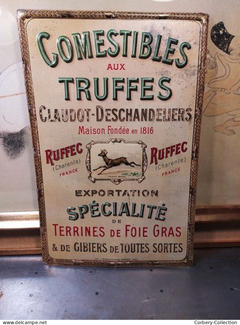 Plaque Tôle Lithographiée 1900 Truffes Ruffec Claudot-Deschandeliers (Charente) - Assurance